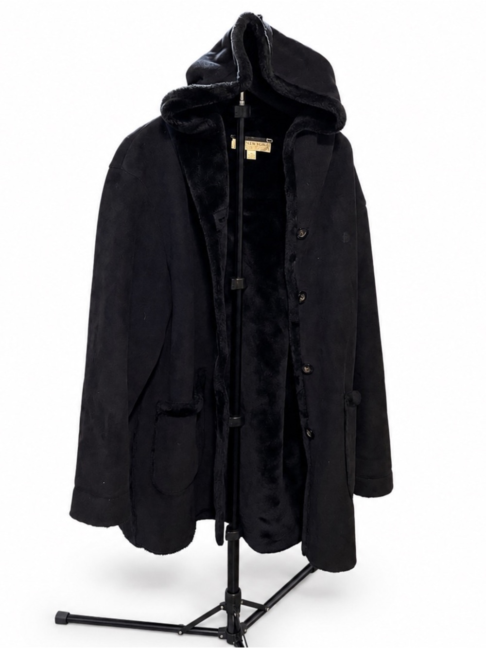 Jones New York XL Hooded Faux Suede Faux Shearling Walker Coat Dark Brown Black